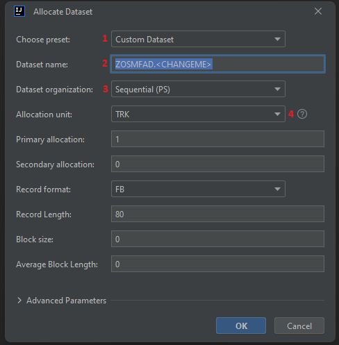 Create data set dialog