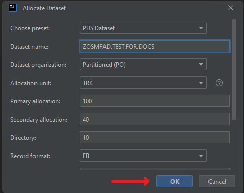 Click OK for allocating a data set